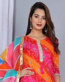 Rayon kurta skirt set with dupatta and cotton bottomwear, printed with vibrant Indian designs, perfect for women and girls. Three-quarter sleeves, stitched net fabric. Available in S, M, L, XL, XXL, XXXL sizes. Made in India