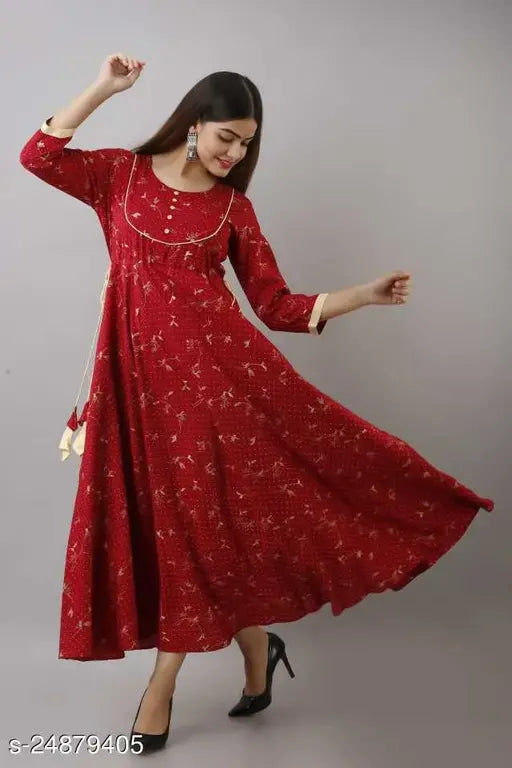 Rayon, maroon printed kurti, three-quarter sleeves, India-origin Jivika Pretty Long Kurtis