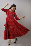 Rayon, maroon printed kurti, three-quarter sleeves, India-origin Jivika Pretty Long Kurtis