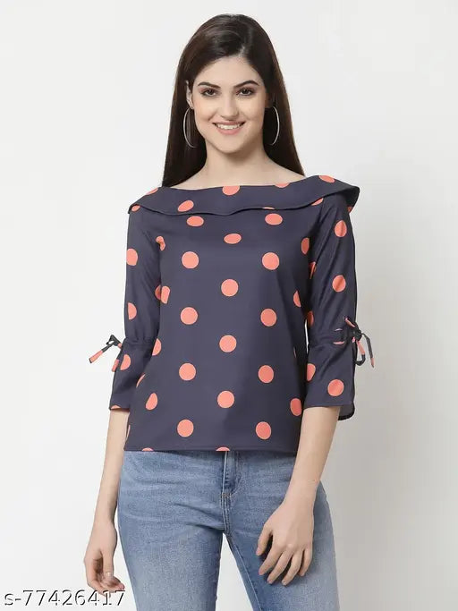 Navy Blue Print Crepe Top, polyester, three-quarter sleeves, printed pattern by Style Quotient