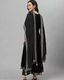Black rayon anarkali kurti set with dupatta, solid pattern, three-quarter sleeves. Women's traditional Indian attire on display