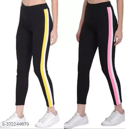 Striped cotton blend slim fit leggings, ankle length with elastic waistband - perfect for casual or gym wear