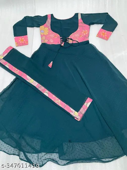 Soft georgette Diwali festival special gown with removable koti and dupatta, solid print on long-sleeve dress, made in India