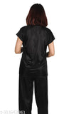 Black satin night suit shirt & pyjama set for women (M/L/Free size), black satin nightwear for ladies with short sleeves
