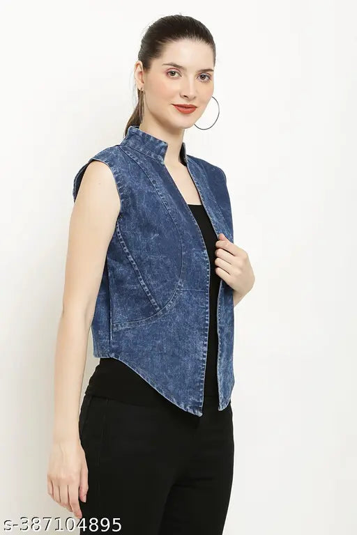 Denim sleeveless modern women's blazer coat, solid net style, size S (bust 36in, length 24in), made in India