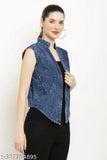 Denim sleeveless modern women's blazer coat, solid net style, size S (bust 36in, length 24in), made in India