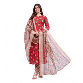 Red cotton blend printed kurti with pant dupatta set on mannequin, 3/4th sleeve, round neck, below knee length