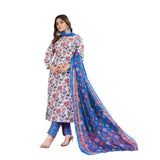 Multicolor cotton blend printed kurti set with pant dupatta, below knee length, round neck, 3/4th sleeves
