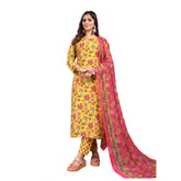 Yellow cotton blend printed kurti with pant dupatta set, 3/4th sleeve, round neck, below knee length