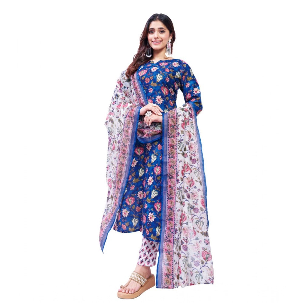 Blue cotton blend printed kurti with pant dupatta set, round neck, 3/4th sleeves, below knee length