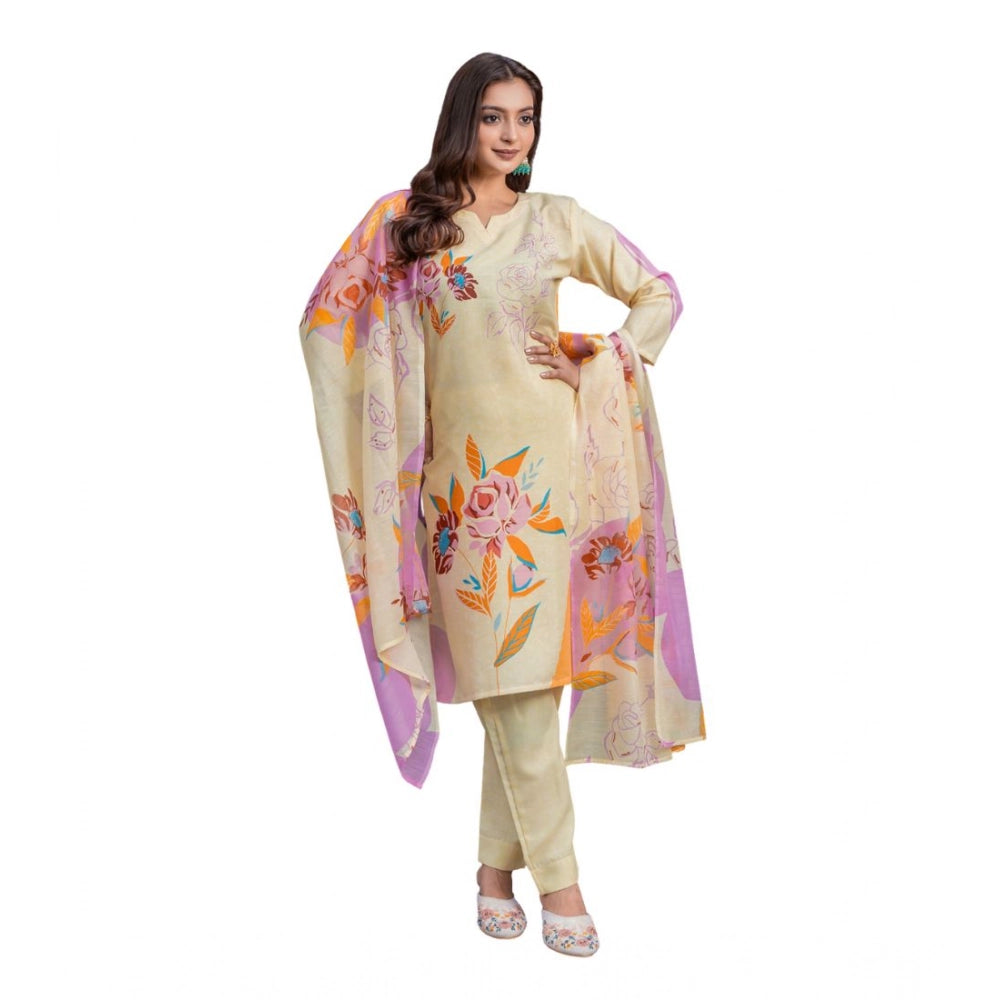 Cream cotton blend printed kurti with pant dupatta set, knee length, 3/4th sleeve, round neck style for women's fashion