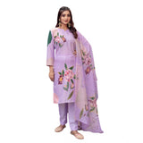 Lavender cotton blend printed kurti and pant dupatta set for women, knee-length with round neck and 3/4th sleeves