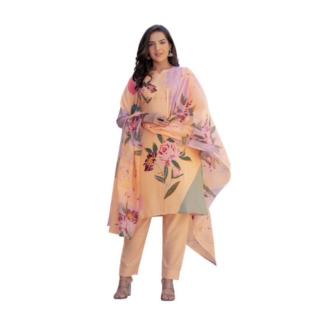 Orange cotton blend printed kurti with pant dupatta set, knee-length with round neck and 3/4th sleeves on display stand