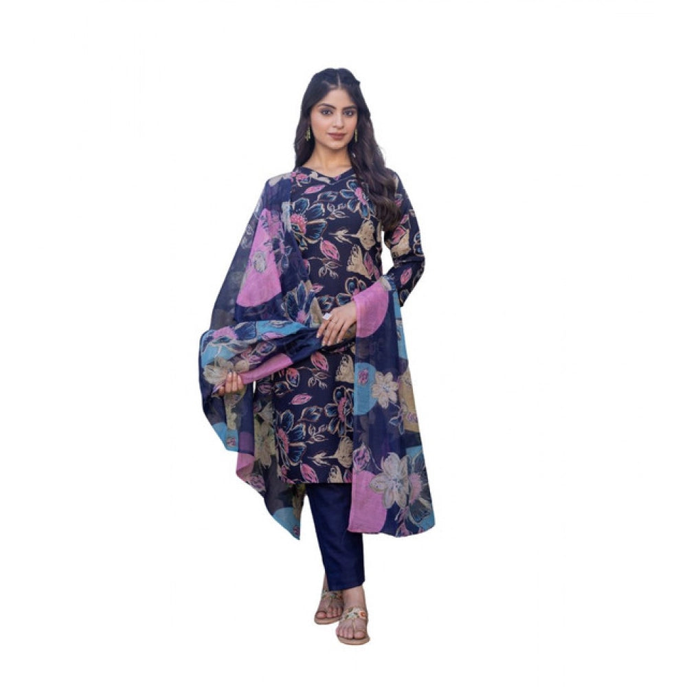 NavyBlue cotton blend printed kurti with pant dupatta set, V-neck, 3/4th sleeves, knee length