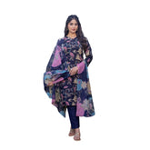 NavyBlue cotton blend printed kurti with pant dupatta set, V-neck, 3/4th sleeves, knee length