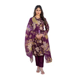 Purple cotton blend printed kurti with pant dupatta set, knee-length V-neck 3/4th sleeve, women's ethnic wear fashion