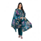 Cotton blend printed Rama kurti set with pant dupatta, V-neck, 3/4th sleeves, knee length
