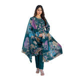 Rama colored cotton blend printed kurti set with pant dupatta, V-neck, 3/4th sleeves, knee length