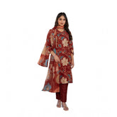 Rust cotton blend printed kurti set with pant dupatta, V-neck with 3/4th sleeves, knee-length style for women's fashion