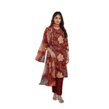 Rust cotton blend printed kurti with pant dupatta set, 3/4th sleeve V-neck design on display