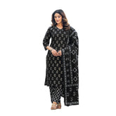 Black cotton blend printed kurti with pant dupatta set, v-neck, 3/4th sleeves, below knee length on model