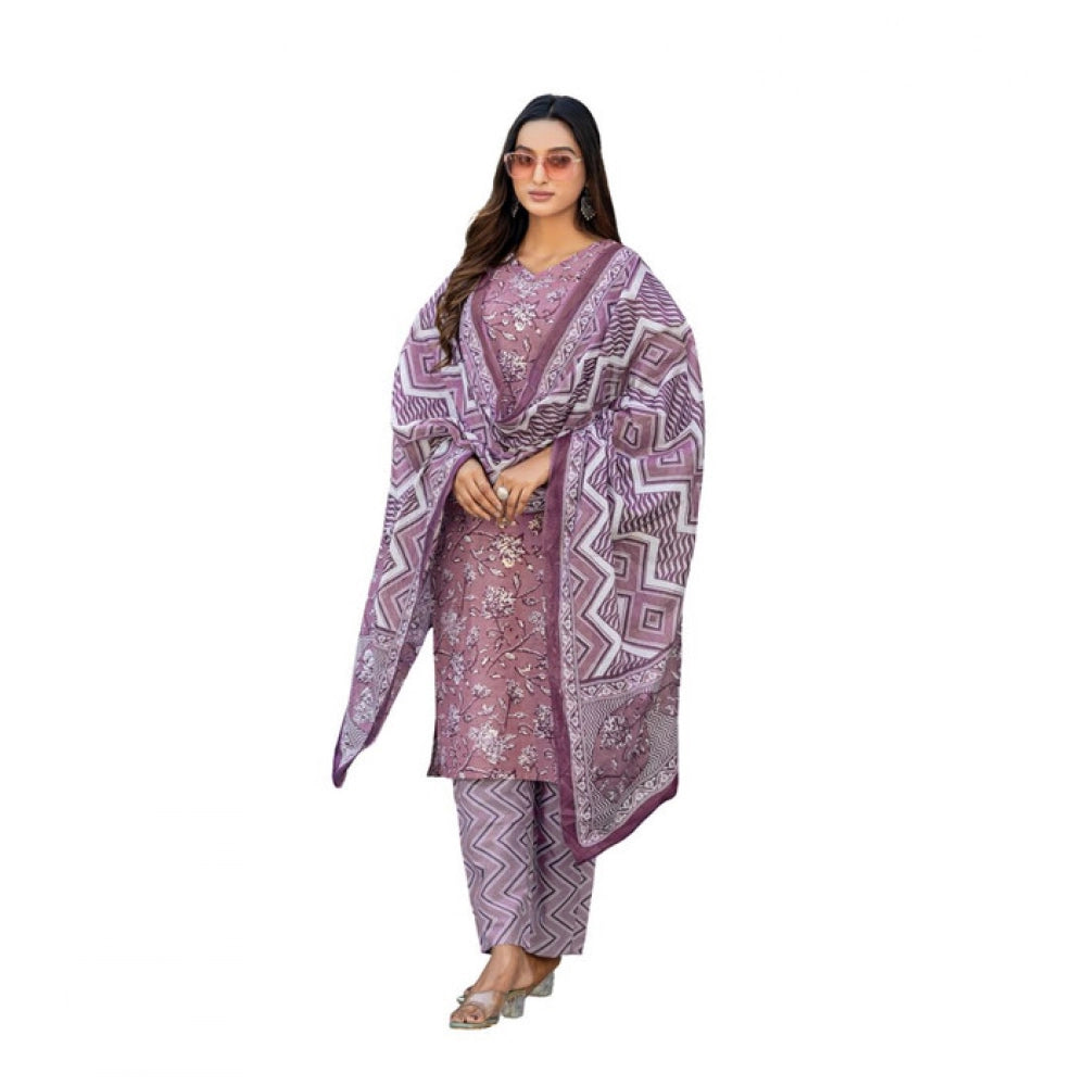 Lavender cotton blend printed kurti with pant dupatta set for women, featuring v-neck and 3/4th sleeves