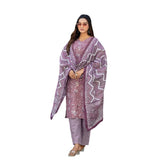 Lavender cotton blend printed kurti with pant dupatta set for women, featuring v-neck and 3/4th sleeves