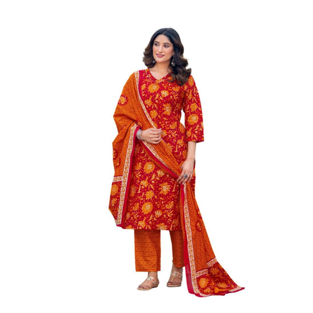 Maroon cotton blend printed kurti with pant dupatta set, featuring V-neck & 3/4th sleeves below knee length