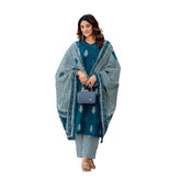 Morpichh cotton blend printed kurti with pant dupatta set, vibrant design for women's casual wear below knee length with V-neck and 3/4th sleeves