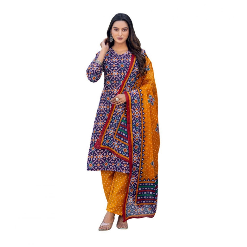 Navy blue cotton blend printed kurti with pant dupatta set - below knee length, v-neck, 3/4th sleeve