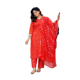 Orange cotton blend printed kurti with pant dupatta set, V-neck, 3/4th sleeves, below knee length