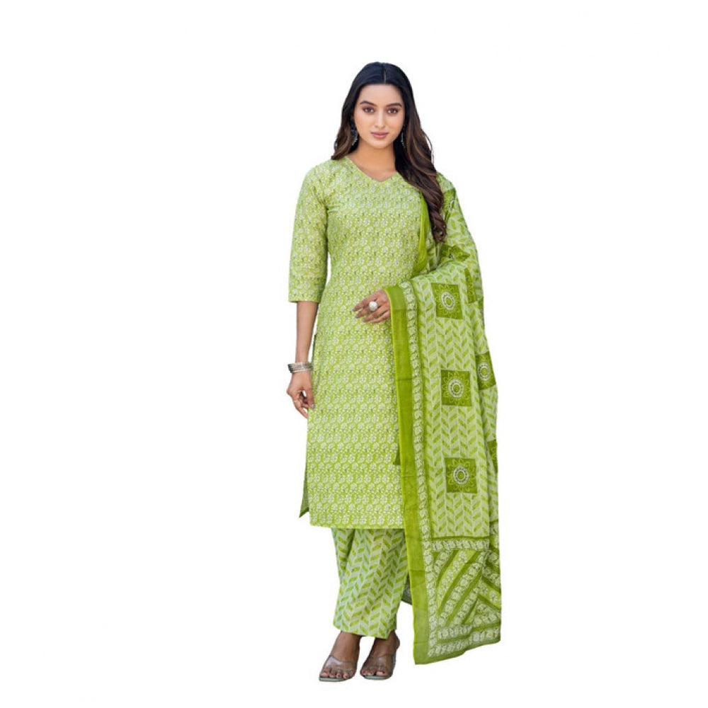 Women's cotton blend parrot-printed kurti & pant set with matching dupatta, below knee length, V-neck & 3/4th sleeves