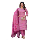 Pink cotton blend printed kurti with pant dupatta set, V-neck, 3/4th sleeves, below knee length