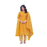 Yellow cotton blend printed kurti with pant dupatta set, below knee length with V-neck and 3/4th sleeves