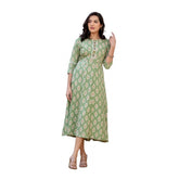 Green rayon A-line kurti with print and embroidery work, knee length, round neck, 3/4th sleeve