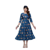 Navy blue rayon print kurti with embroidery work, 3/4th sleeve and knee length
