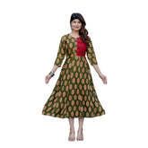 Dark green rayon A-line kurti with embroidery work, vibrant print design for women's fashion