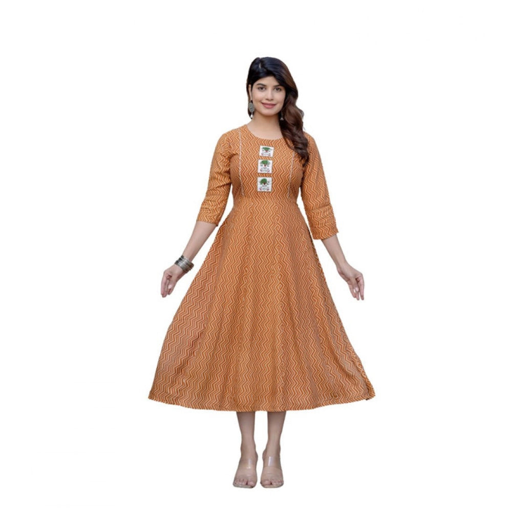 Rust rayon A-line kurti with embroidery work, vibrant print for women's fashion, knee length 3/4th sleeve round neck