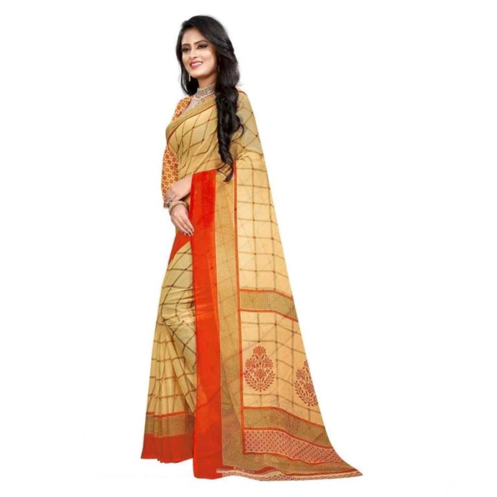 Orange georgette printed saree with unstitched blouse, vibrant Indian women's wear