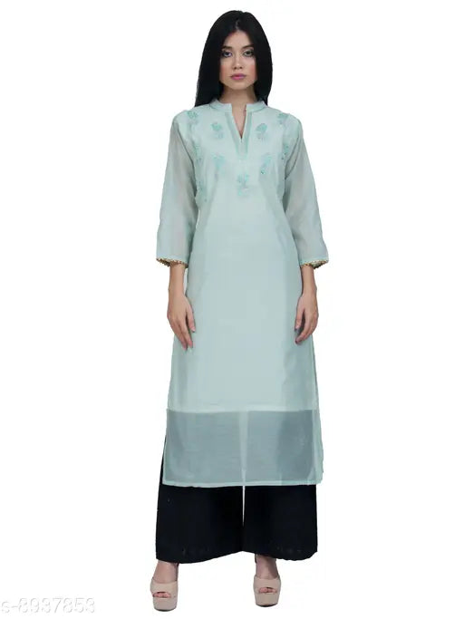 Blue Chanderi silk A-line floral embroidered kurti, three-quarter sleeves, Indian women's fashion
