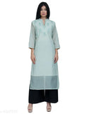 Blue Chanderi silk A-line floral embroidered kurti, three-quarter sleeves, Indian women's fashion