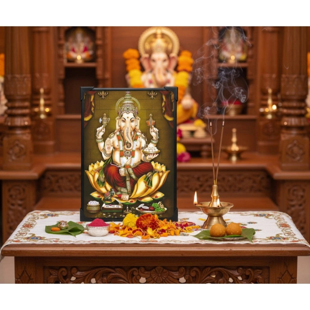 Multicolor wooden Lord Ganesha tabletop devotional player with audio play function, size 8x6 inches, operates on 2x AA batteries