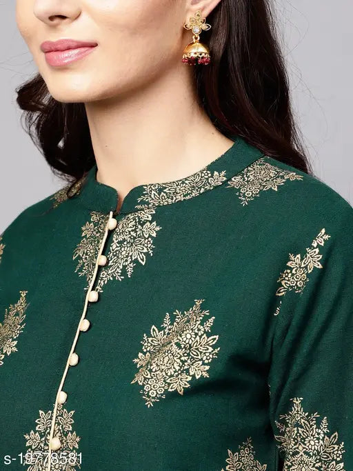 Green rayon kurta set with printed net palazzos, three-quarter sleeve length, Indian traditional outfit for women