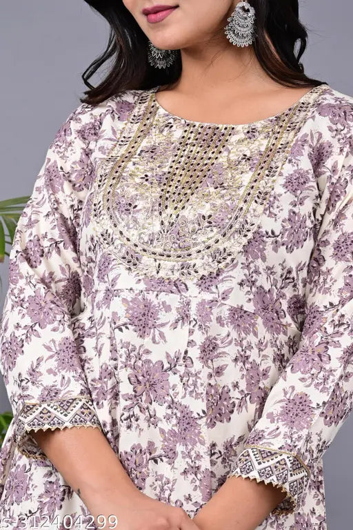 Rayon printed embroidered Anarkali kurti, three-quarter sleeves, Indian party wear gown with bohemian flair