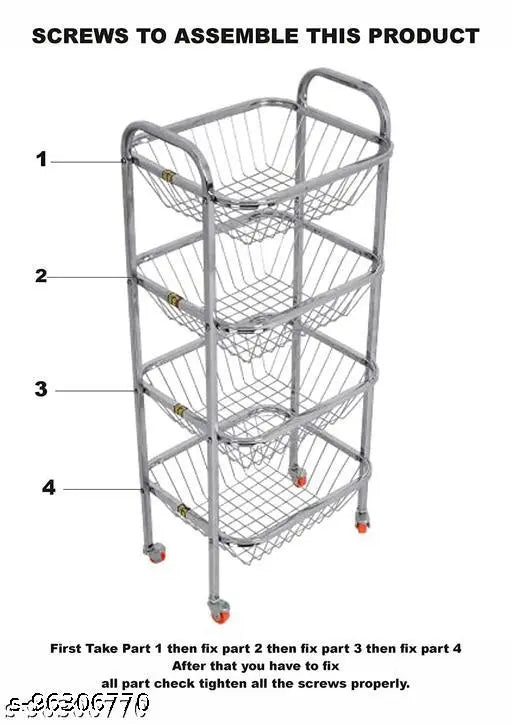 Stainless steel 4-shelf fruit & vegetable trolley with 360 rotational wheels, ideal for kitchen storage (34x14x12)