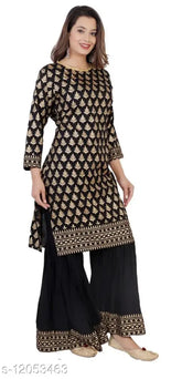 Black floral print rayon kurta set with sharara, Indian women's fashion