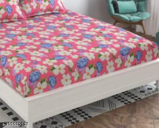 White Glace Cotton floral fitted bedsheet 90x100 with 2 pillow covers, ideal for summer, high quality product from Prosseya
