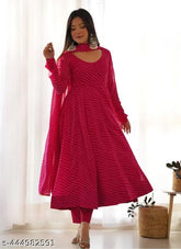 Diwali Designer Leheriya Gown Pink Georgette, embroidered net, long sleeves, India-made women's evening wear