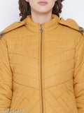 Mustard yellow polyester women's parka jacket, Vero Amore brand, quilted with polyfill, detachable faux fur hood, long sleeves, 3 pockets