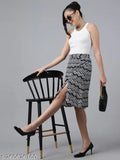 Printed polyester knee-length skirt, flared design, sizes 26, 28, 30, 32 (India origin)